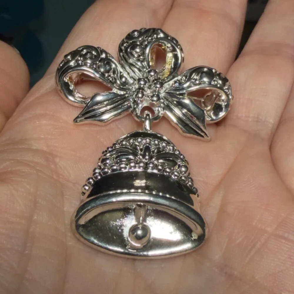 Bell Brooch Silver Tone Dangle Bow Pin Vintage Style 2 Inch